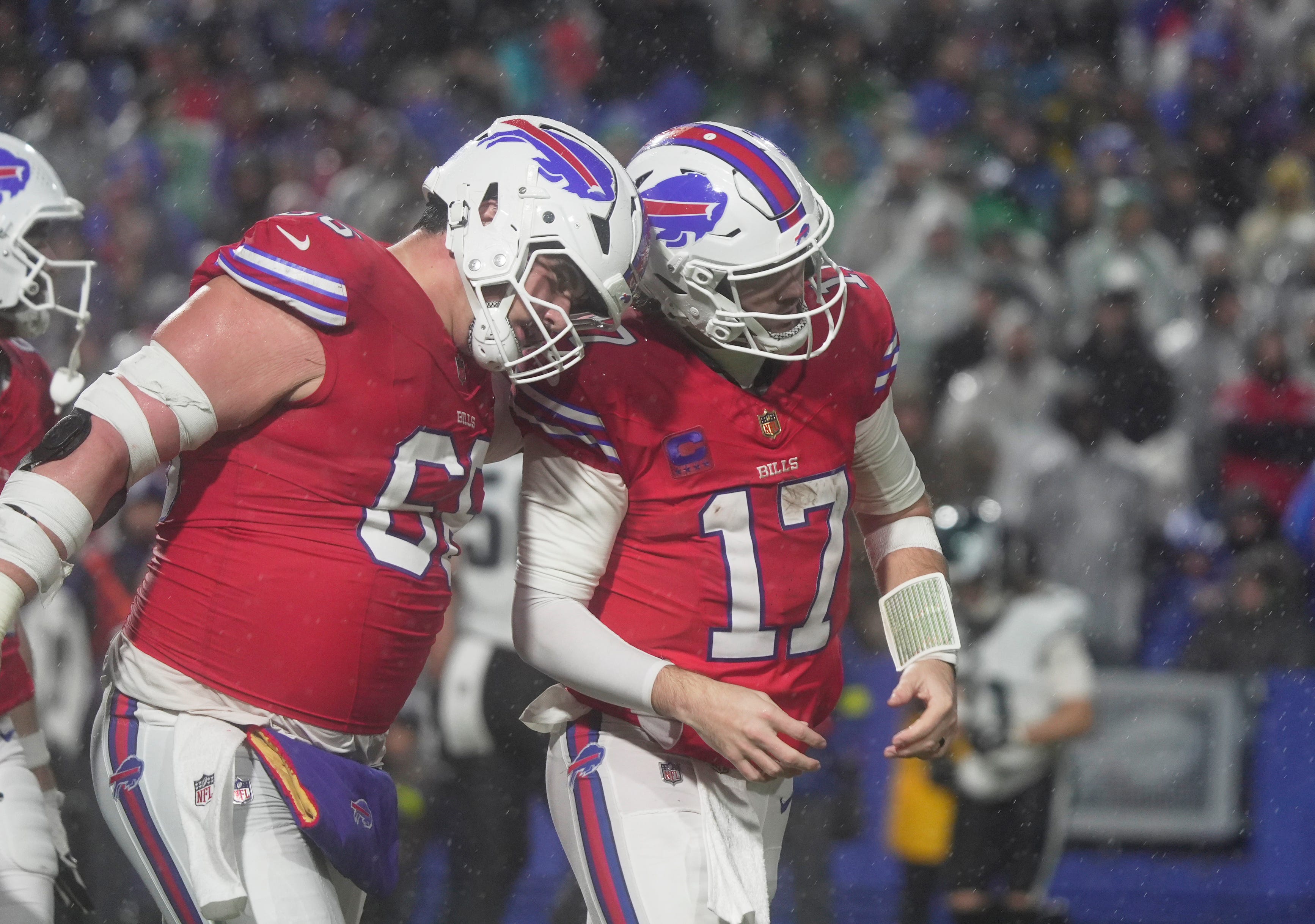 Buffalo Bills center Connor McGovern celebrates with Buffalo Bills quarterback Josh Allen’s touchdown, the team’s first of the game in the fourth quarter against the Philadelphia Eagles at Highmark Stadium in Orchard Park on Dec. 28, 2025.