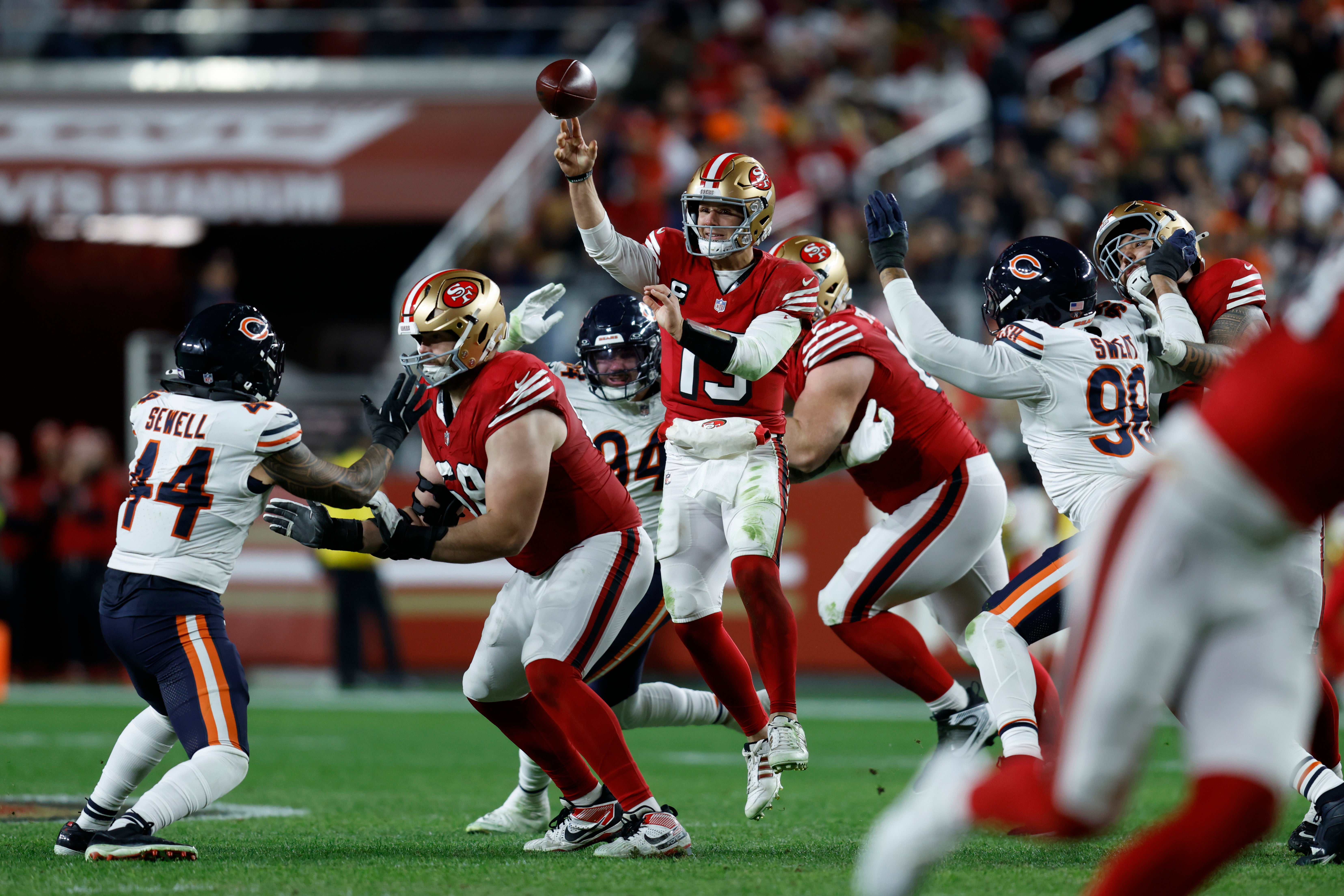 Dec 28, 2025; Santa Clara, California, USA; San Francisco 49ers quarterback Brock Purdy (13) throws a pass against the Chicago Bears in the second half at Levi's Stadium.