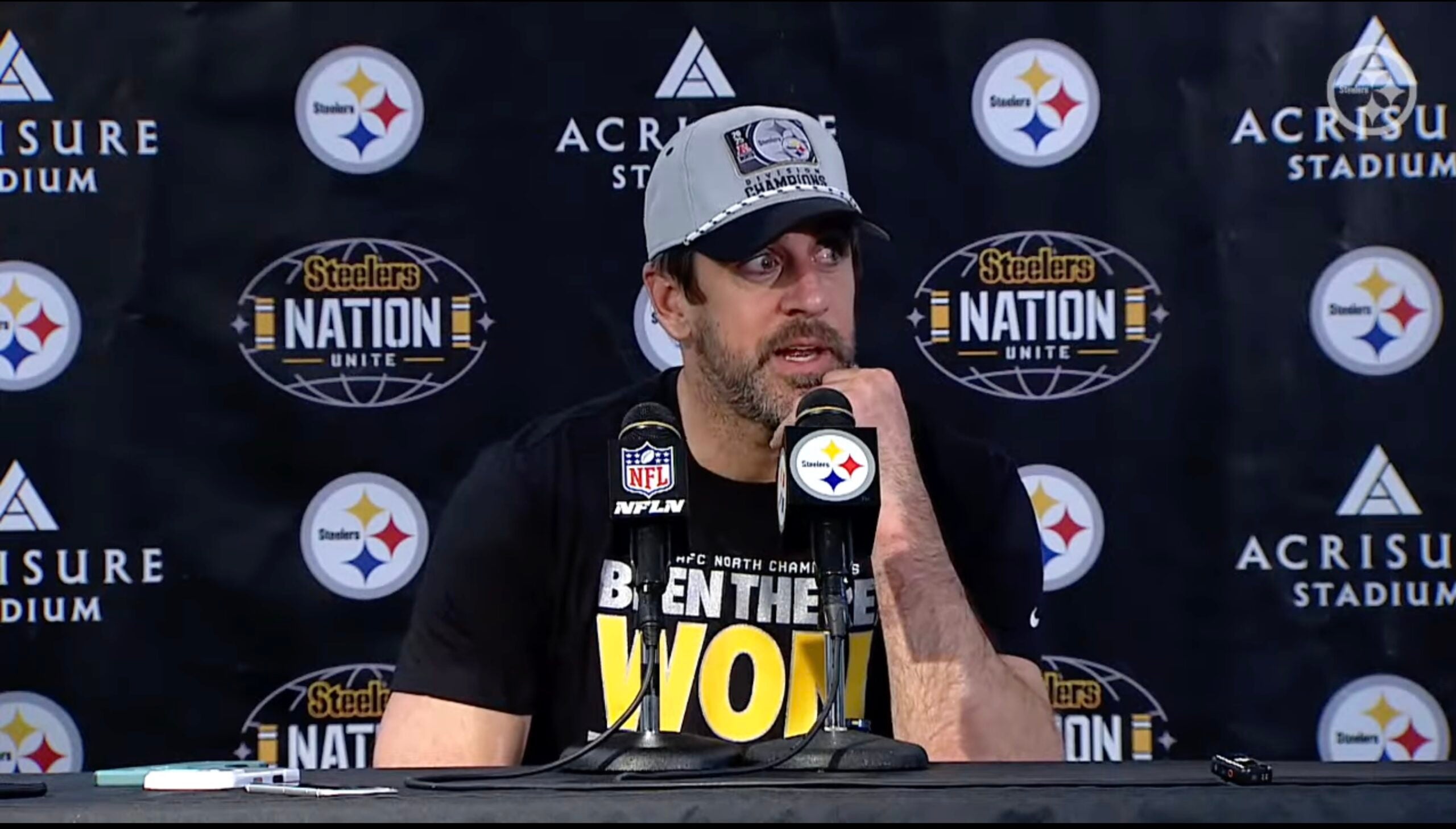Pittsburgh Steelers QB Aaron Rodgers speaks to the media following 26-24 win over Baltimore Ravens to secure AFC North championship and playoff spot, 1/4/2026.