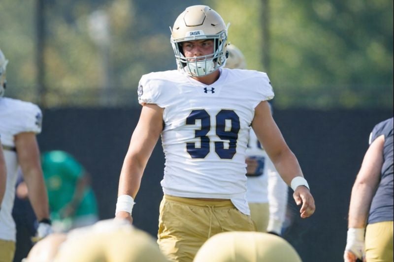 Notre Dame linebacker Anthony Sacca warms up during a football practice at Irish Athletic Center on Wednesday, Aug. 6, 2025, in South Bend.