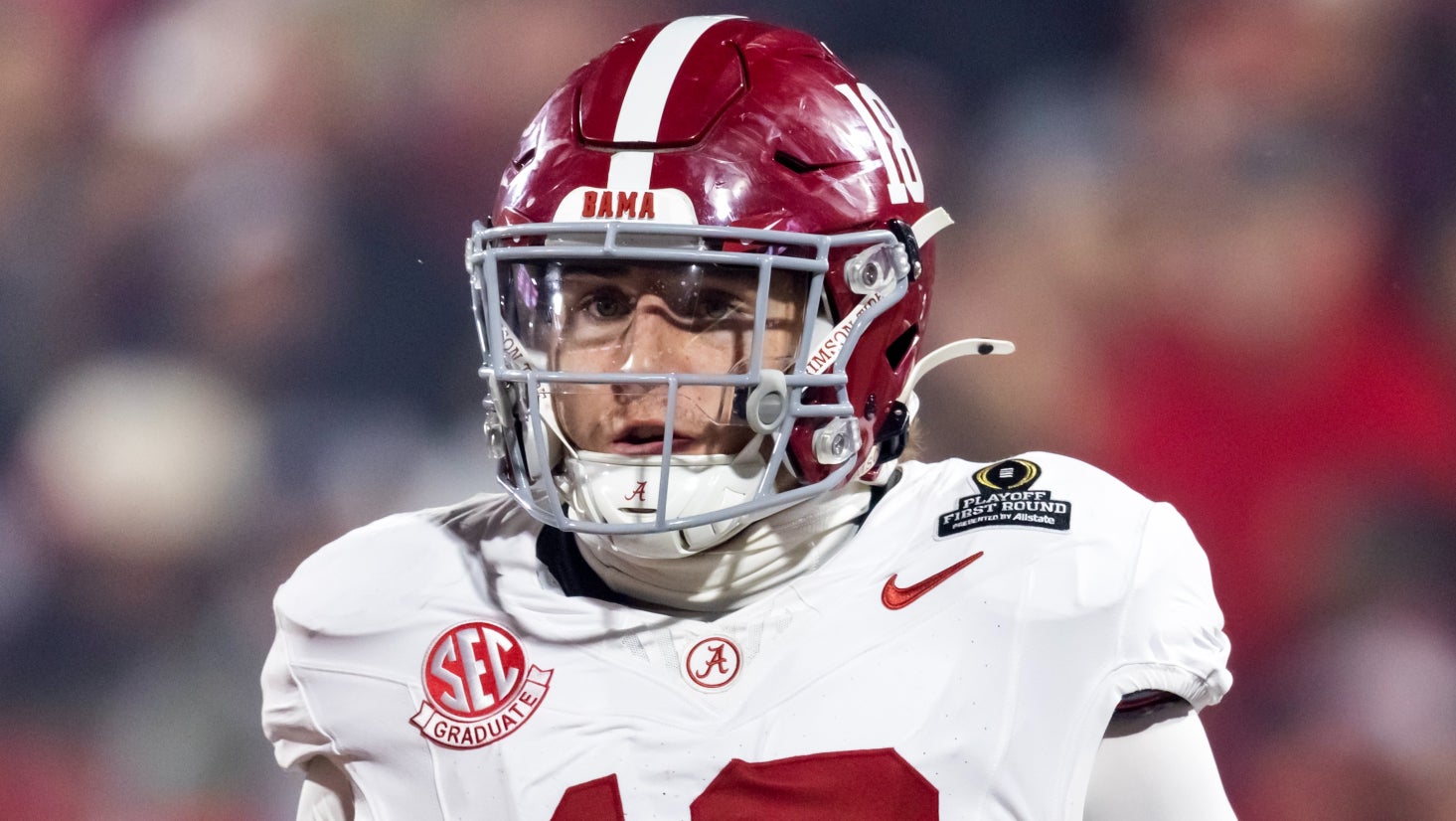 Dec 19, 2025; Norman, OK, USA; Alabama Crimson Tide defensive back Bray Hubbard (18) against the Oklahoma Sooners during the CFP National Playoff First Round at Gaylord Family Oklahoma Memorial Stadium.