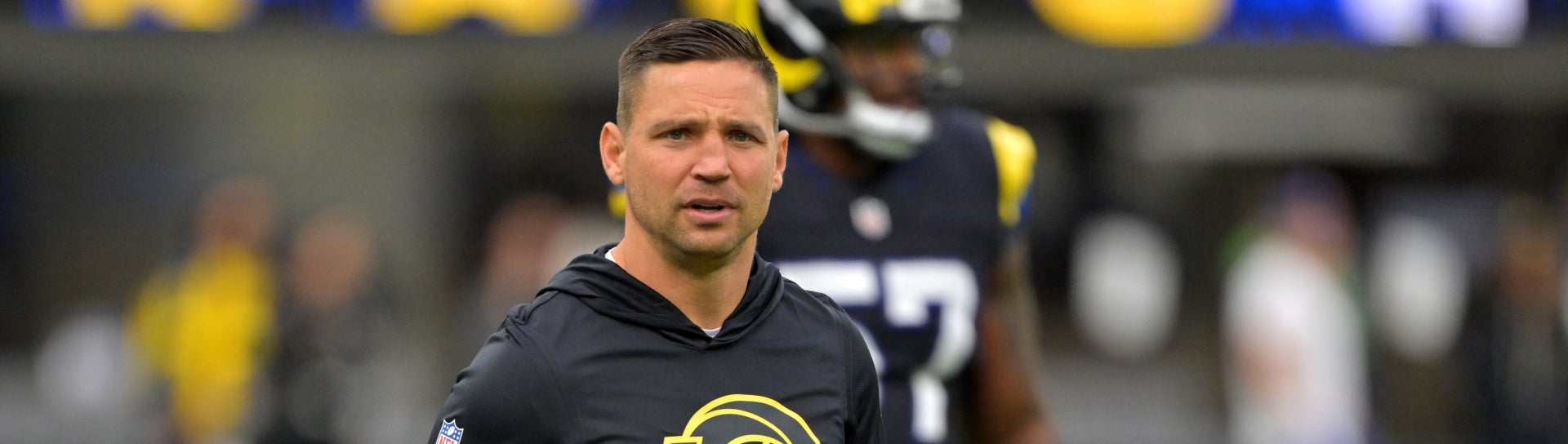 Nov 16, 2025; Inglewood, California, USA; Los Angeles Rams defensive coordinator Chris Shula on the field prior to the game against the Seattle Seahawks at SoFi Stadium