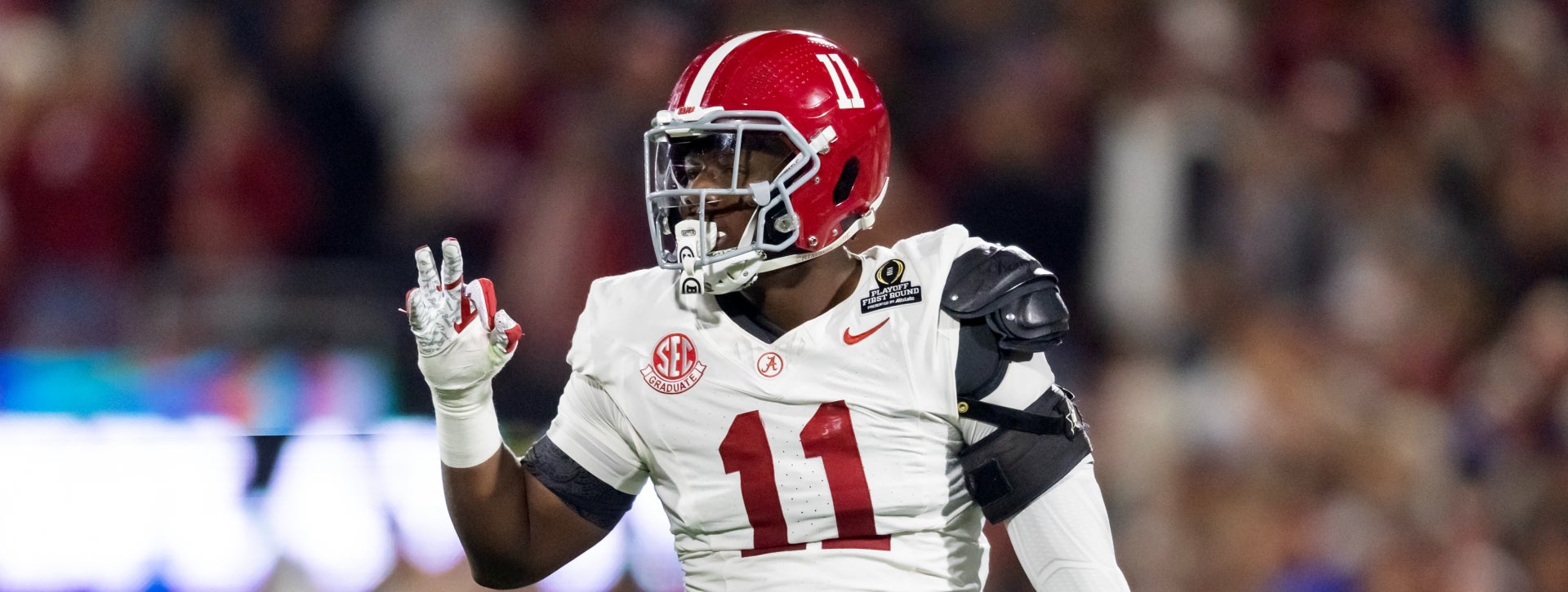 Dec 19, 2025; Norman, OK, USA; Alabama Crimson Tide defensive lineman Jordan Renaud (11) against the Oklahoma Sooners during the CFP National Playoff First Round at Gaylord Family Oklahoma Memorial Stadium