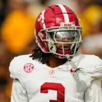 Oct 11, 2025; Columbia, Missouri, USA; Alabama Crimson Tide defensive back Keon Sabb (3) reacts during the first half against the Missouri Tigers at Faurot Field at Memorial Stadium