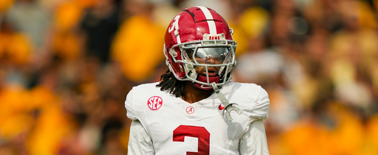 Oct 11, 2025; Columbia, Missouri, USA; Alabama Crimson Tide defensive back Keon Sabb (3) reacts during the first half against the Missouri Tigers at Faurot Field at Memorial Stadium