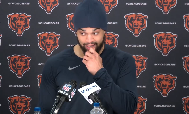 Chicago Bears quarterback Caleb Williams speaks with reporters ahead of practice.