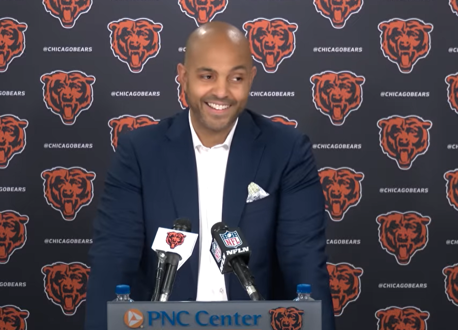 Chicago Bears assistant general manager Ian Cunningham speaks with reporters ahead of 2025 NFL Draft.