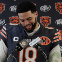Chicago Bears quarterback Caleb Williams speaks with reporters following comeback playoff win over the Green Bay Packers.