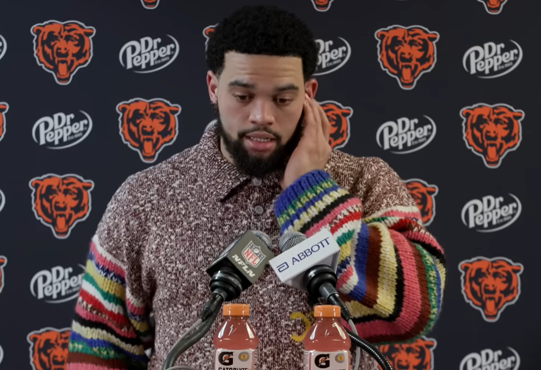 Chicago Bears quarterback Caleb Williams speaks with reporters following NFC Divisional Round playoff loss to the Los Angeles Rams.