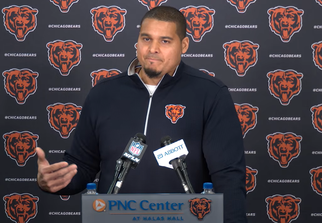 Chicago Bears general manager Ryan Poles speaking with reporters during his end-of-season media availability.