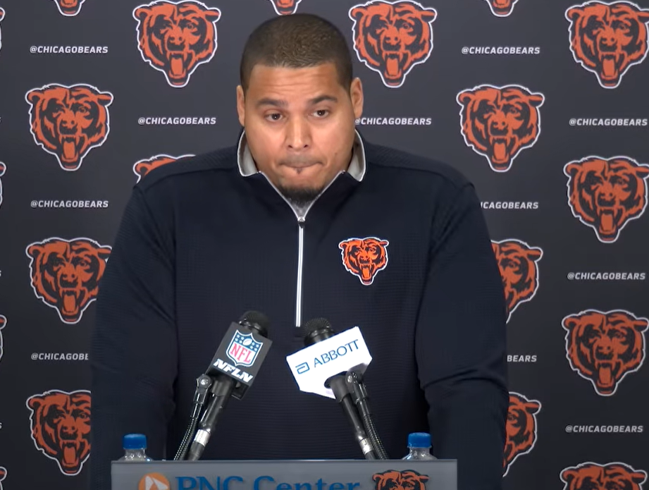 Chicago Bears general manager Ryan Poles speaks with the media following the end of the 2025-26 season.