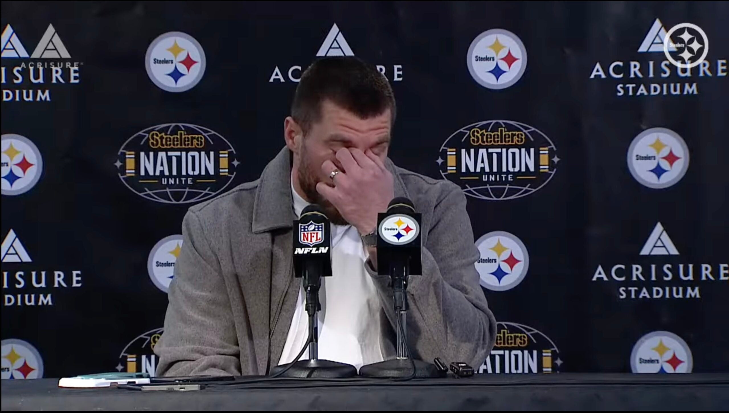 Pittsburgh Steelers star T.J. Watt speaks to the media following 30-6 loss to Houston Texans in playoffs, 1/12/2026.