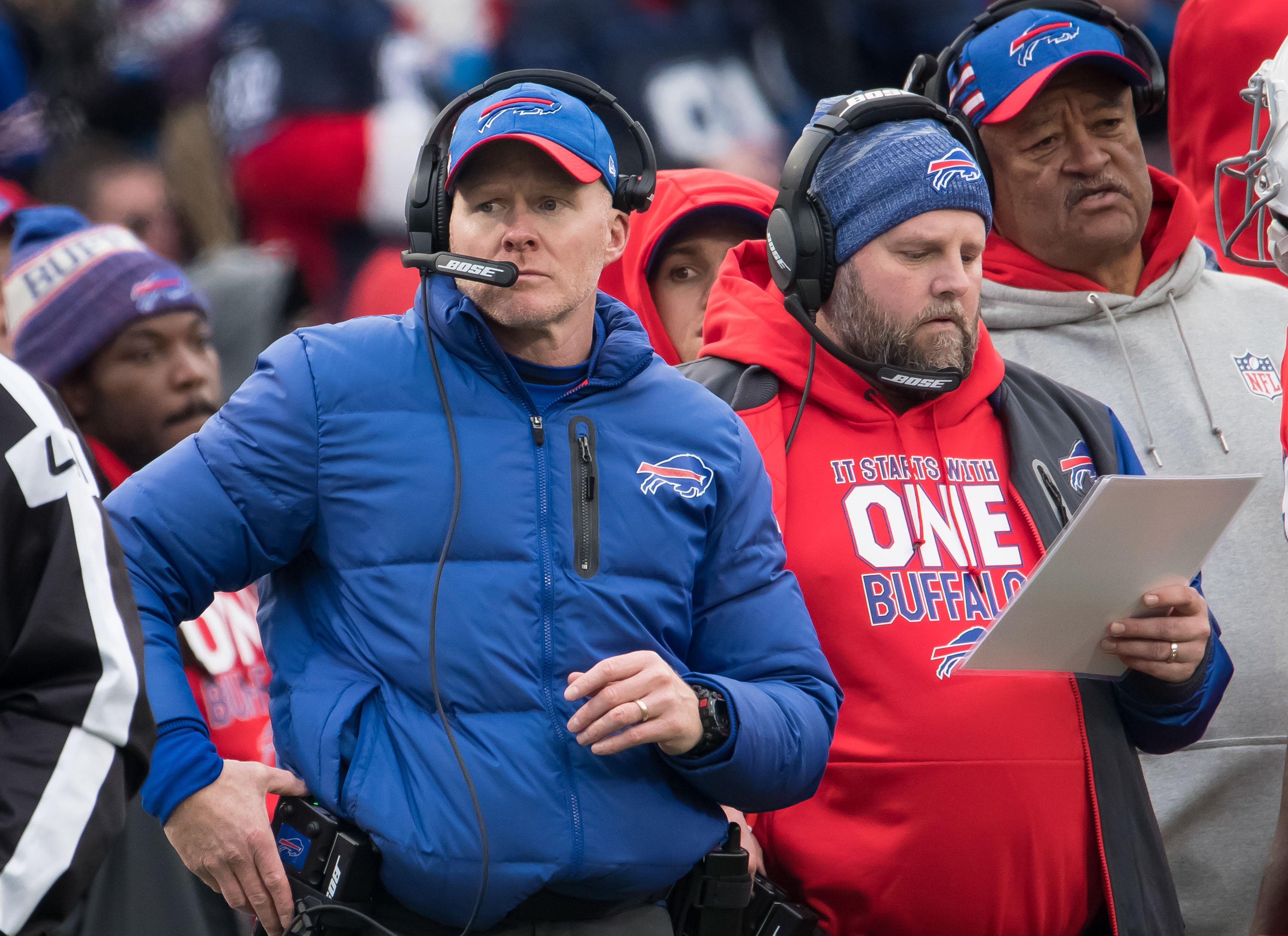 Dec 16, 2018; Orchard Park, NY, USA; Buffalo Bills head coach Sean McDermott (left) and offensive coordinator Brian Daboll on the sidelines in the third quarter against the Detroit Lions at New Era Field.