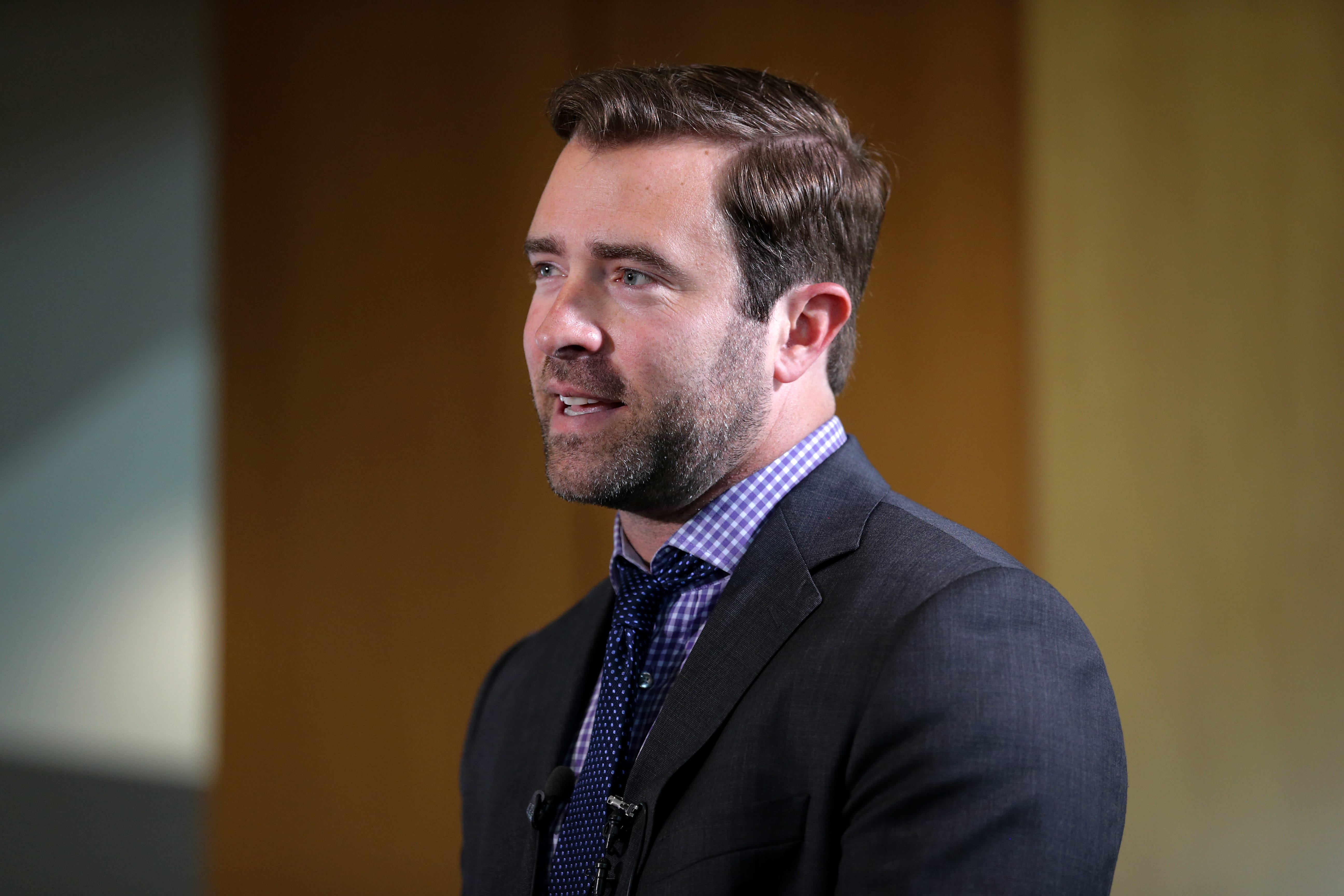 Former Cincinnati Bengals offensive coordinator Brian Callahan takes questions from the press during the annual media luncheon, Tuesday, July 23, 2019, at Paul Brown Stadium in Cincinnati.