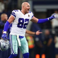 Oct 6, 2019; Arlington, TX, USA; Dallas Cowboys tight end Jason Witten (82) yells from the sidelines during the fourth quarter against the Green Bay Packers at AT&T Stadium.