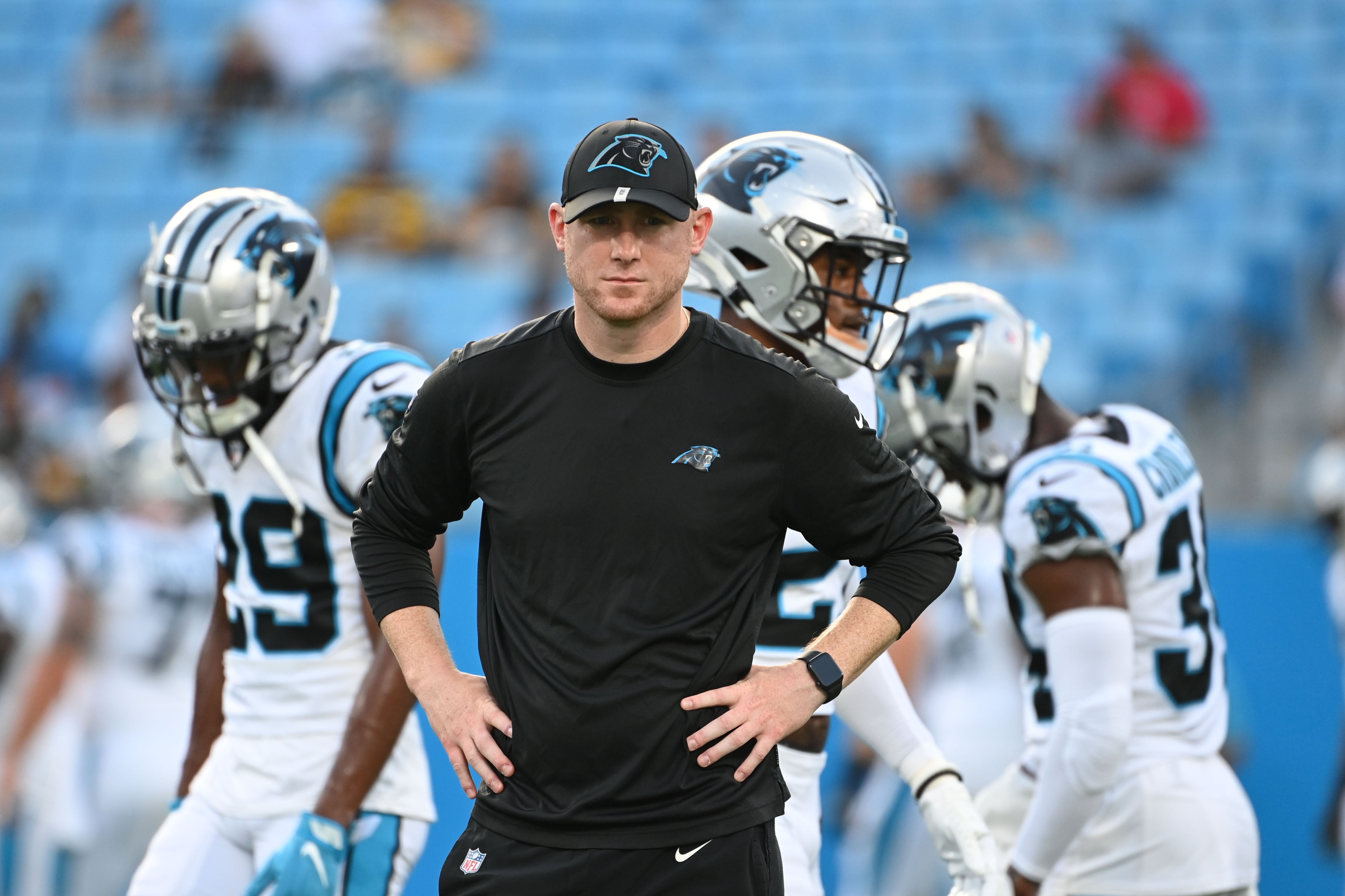 Aug 27, 2021; Charlotte, North Carolina, USA; Carolina Panthers offensive coordinator Joe Brady before the game at Bank of America Stadium.