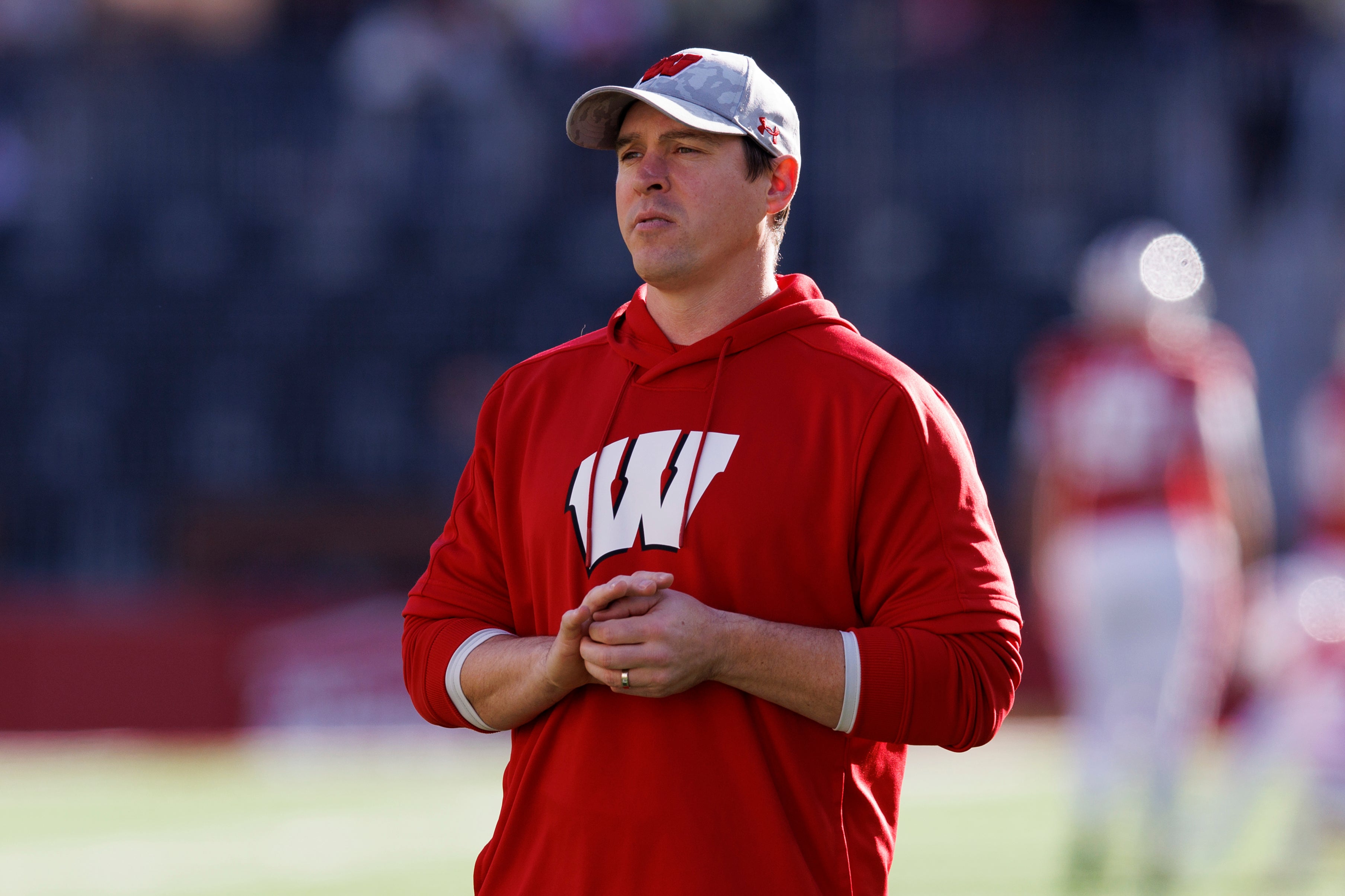 Nov 26, 2022; Madison, Wisconsin, USA; Wisconsin Badgers head coach Jim Leonhard prior to the game against the Minnesota Golden Gophers at Camp Randall Stadium.