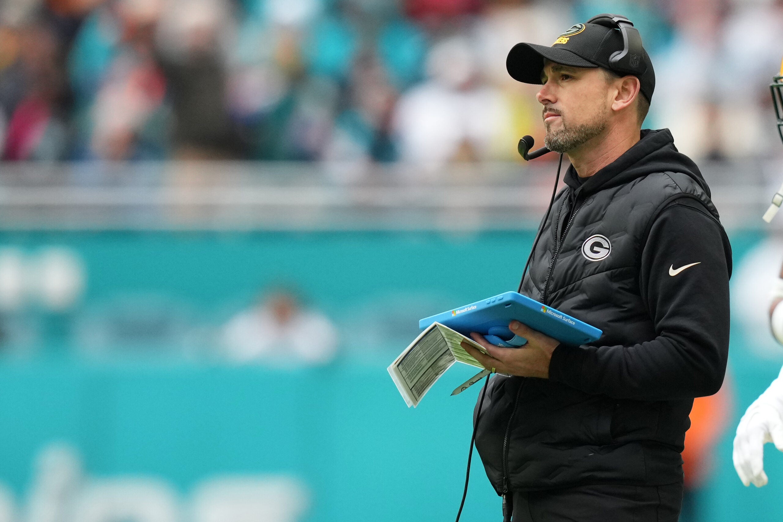 Dec 25, 2022; Miami Gardens, Florida, USA; Green Bay Packers head coach Matt LaFleur stands on the sideline during the first half against the Miami Dolphins at Hard Rock Stadium.