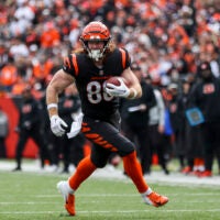 Jan 8, 2023; Cincinnati, Ohio, USA; Cincinnati Bengals tight end Hayden Hurst (88) runs with the ball against the Baltimore Ravens in the first half at Paycor Stadium.