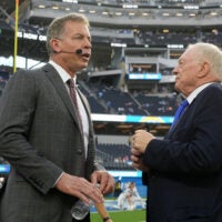 Oct 16, 2023; Inglewood, California, USA; Dallas Cowboys owner Jerry Jones (right) talks with former quarterback Troy Aikman before the game against the Los Angeles Chargers at SoFi Stadium.