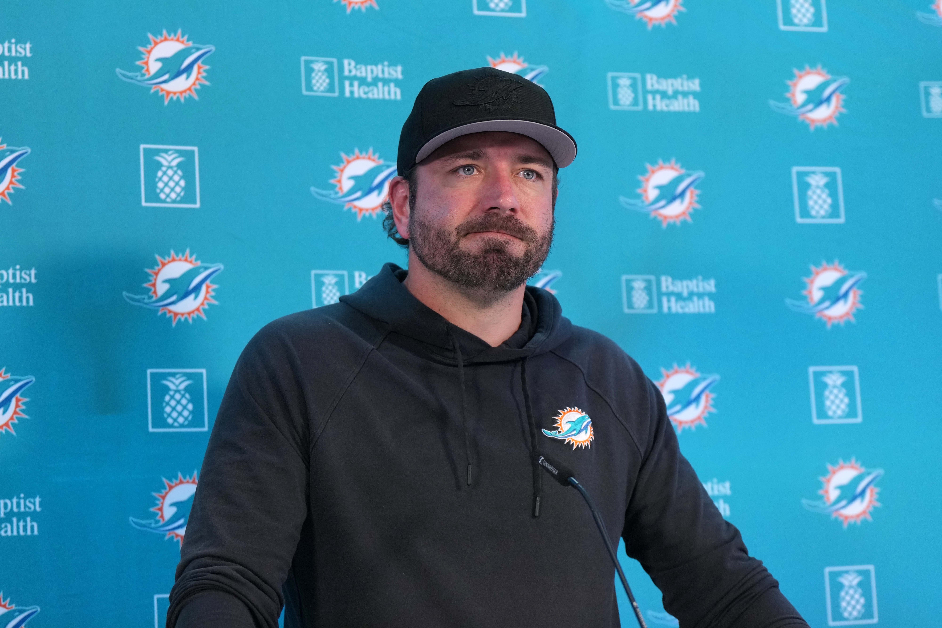 Nov 2, 2023; Frankfurt, Germany; Miami Dolphins offensive coordinator Frank Smith at press conference at the PSD Bank Arena.
