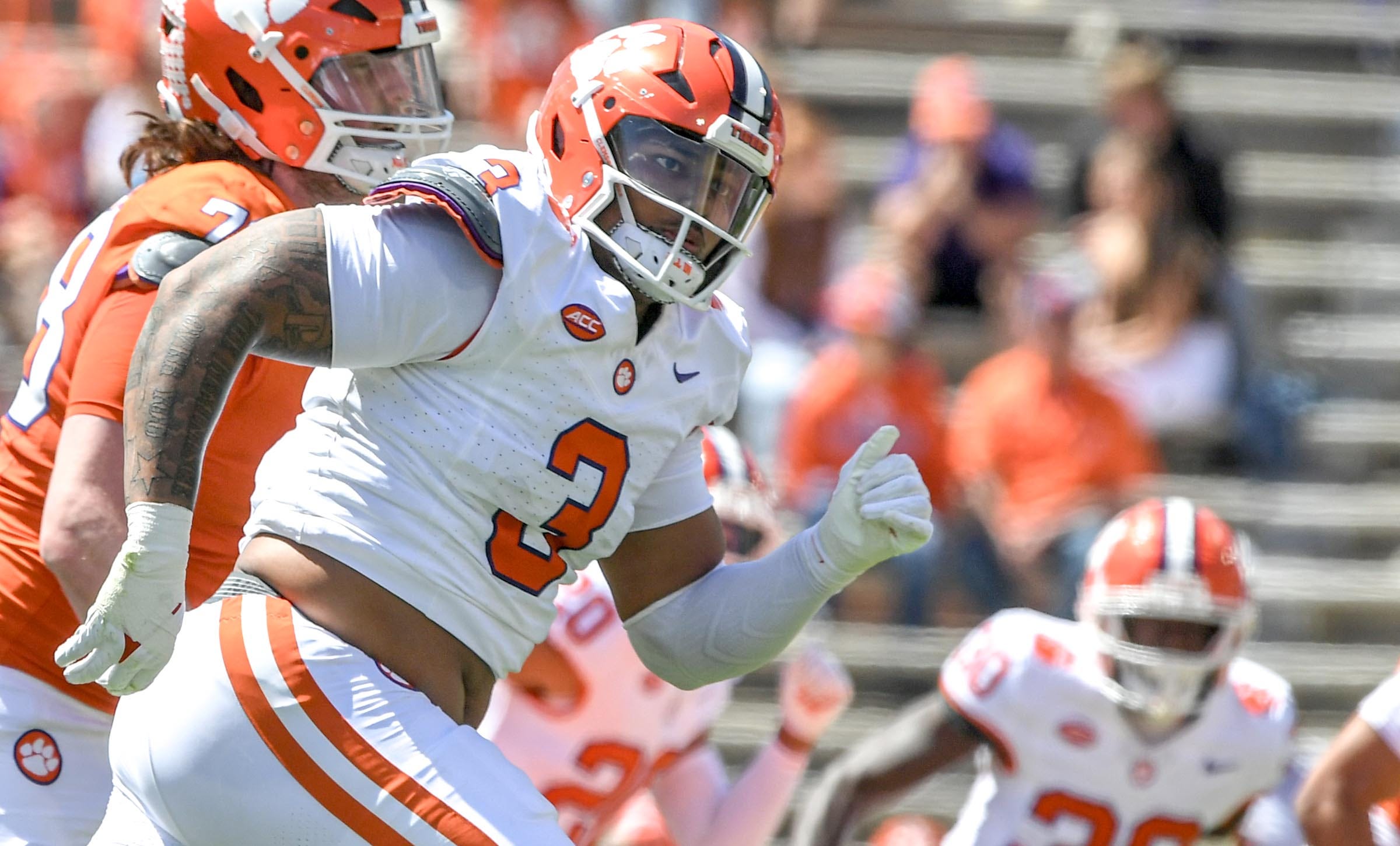 Clemson defensive end T.J. Parker (3) during the Spring football game in Clemson, S.C. Saturday, April 6, 2024.
