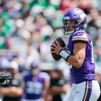 Aug 24, 2024; Philadelphia, Pennsylvania, USA; Minnesota Vikings quarterback Jaren Hall (16) throws against the Philadelphia Eagles during the first quarter at Lincoln Financial Field.