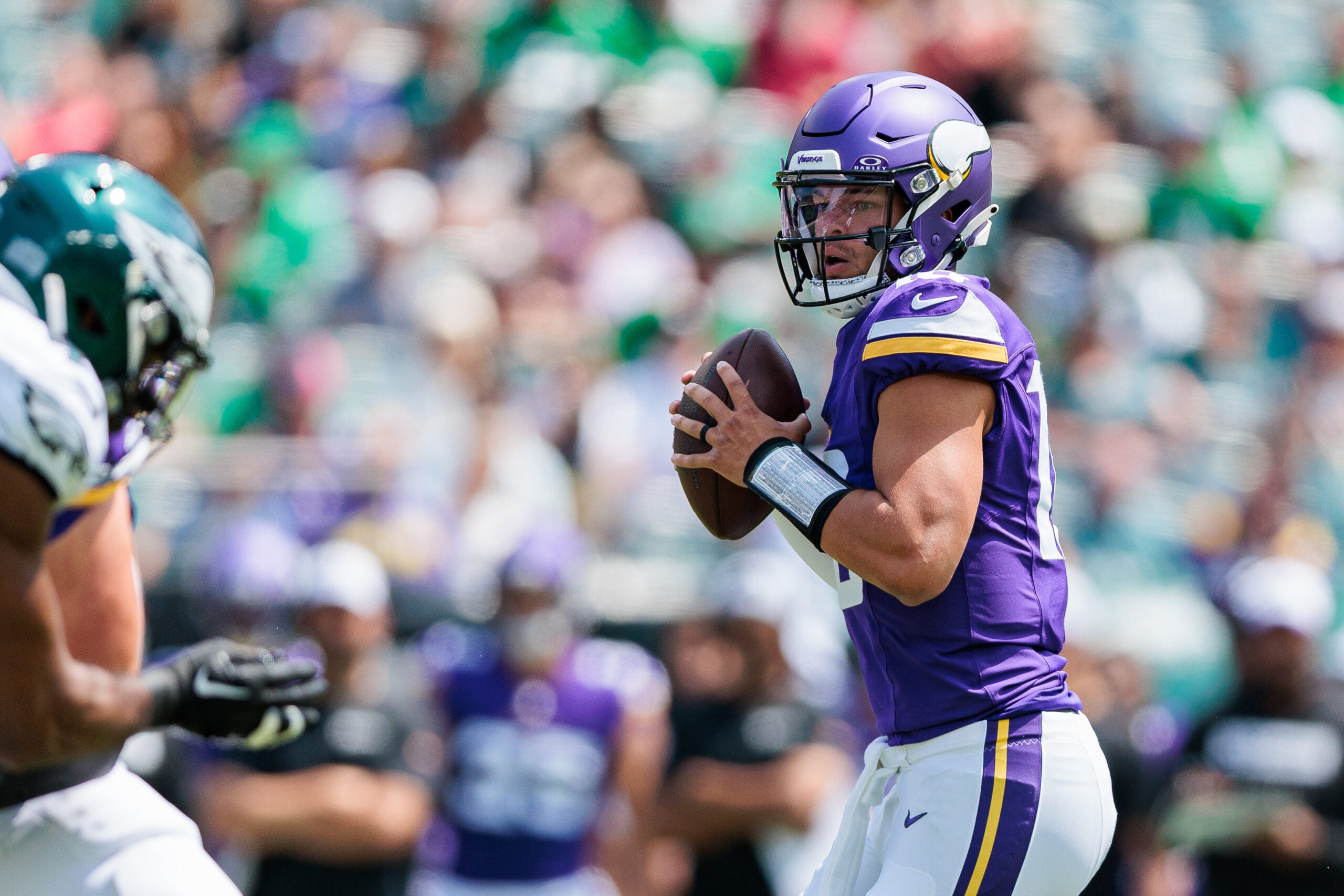 Aug 24, 2024; Philadelphia, Pennsylvania, USA; Minnesota Vikings quarterback Jaren Hall (16) throws against the Philadelphia Eagles during the first quarter at Lincoln Financial Field.