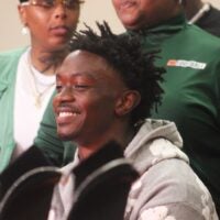 Mandarin wide receiver Jaime Ffrench Jr. smiles before announcing his college commitment at a pep rally before a high school football game against Atlantic Coast on August 30, 2024. Clayton Freeman/Florida Times-Union