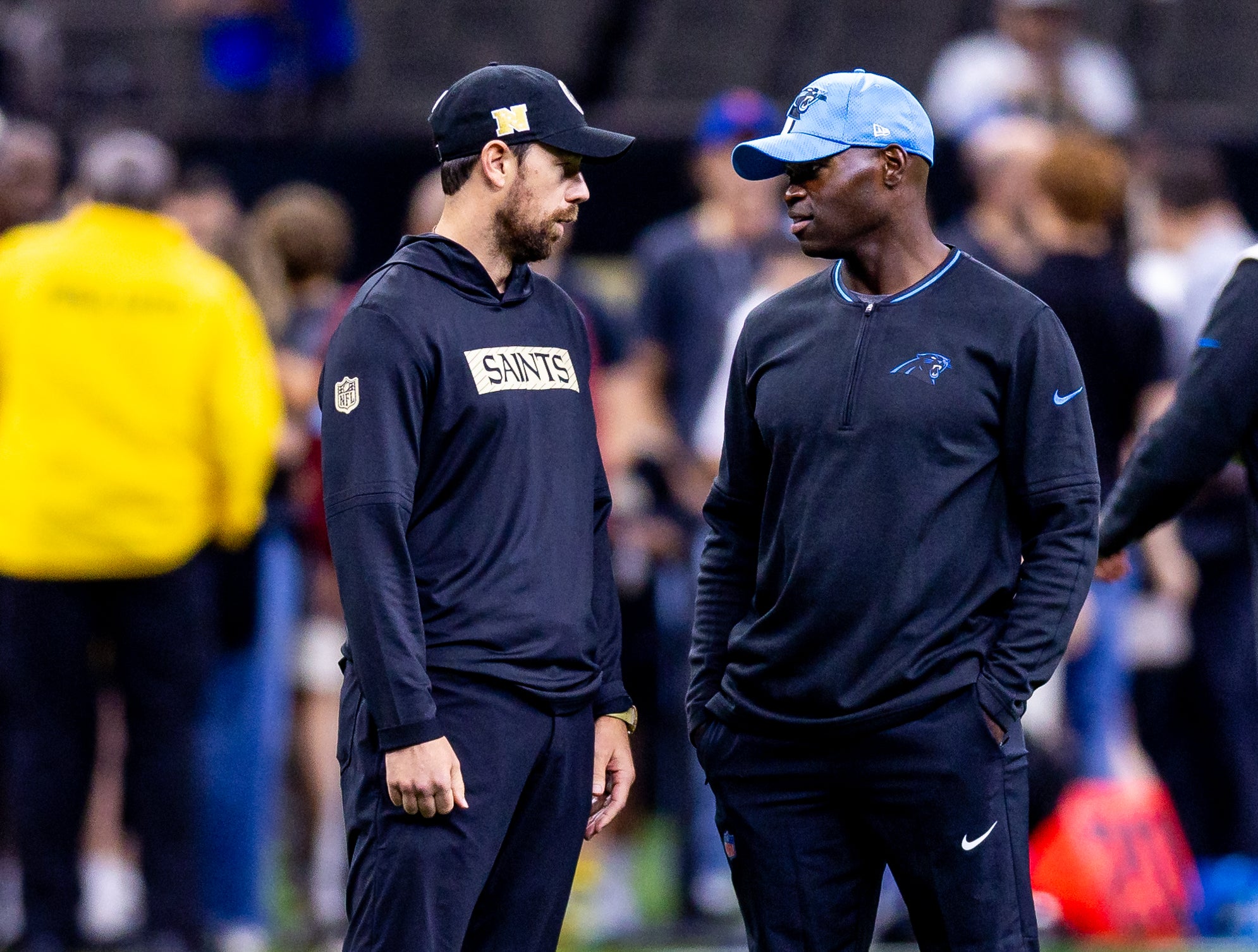 Las Vegas Raiders head coach candidate interview Seattle Seahawks offensive coordinator Klint Kubiak Carolina Panthers defensive coordinator Ejiro Evero