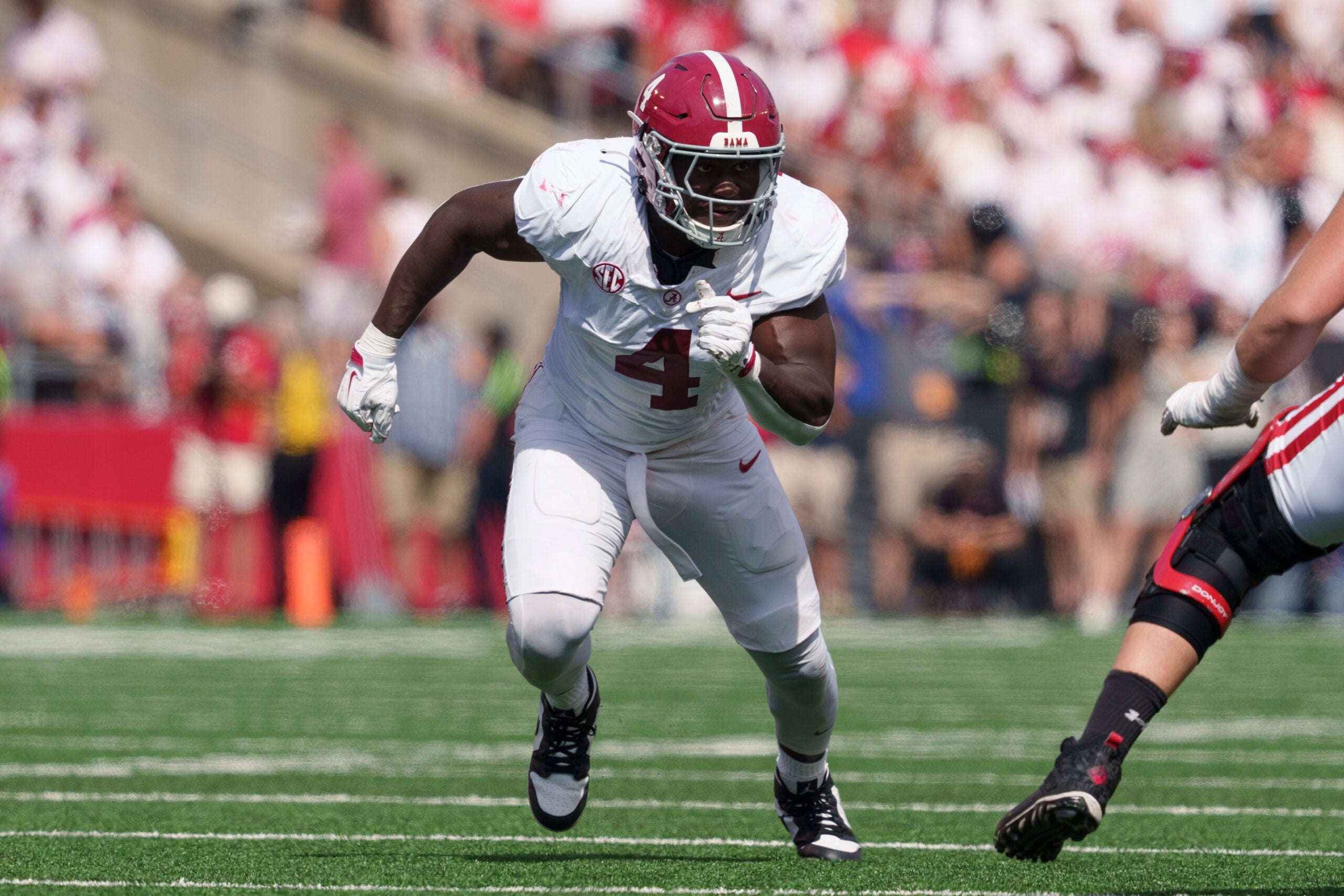 Sep 14, 2024; Madison, Wisconsin, USA; Alabama Crimson Tide linebacker Qua Russaw (4) during the game against the Wisconsin Badgers at Camp Randall Stadium.
