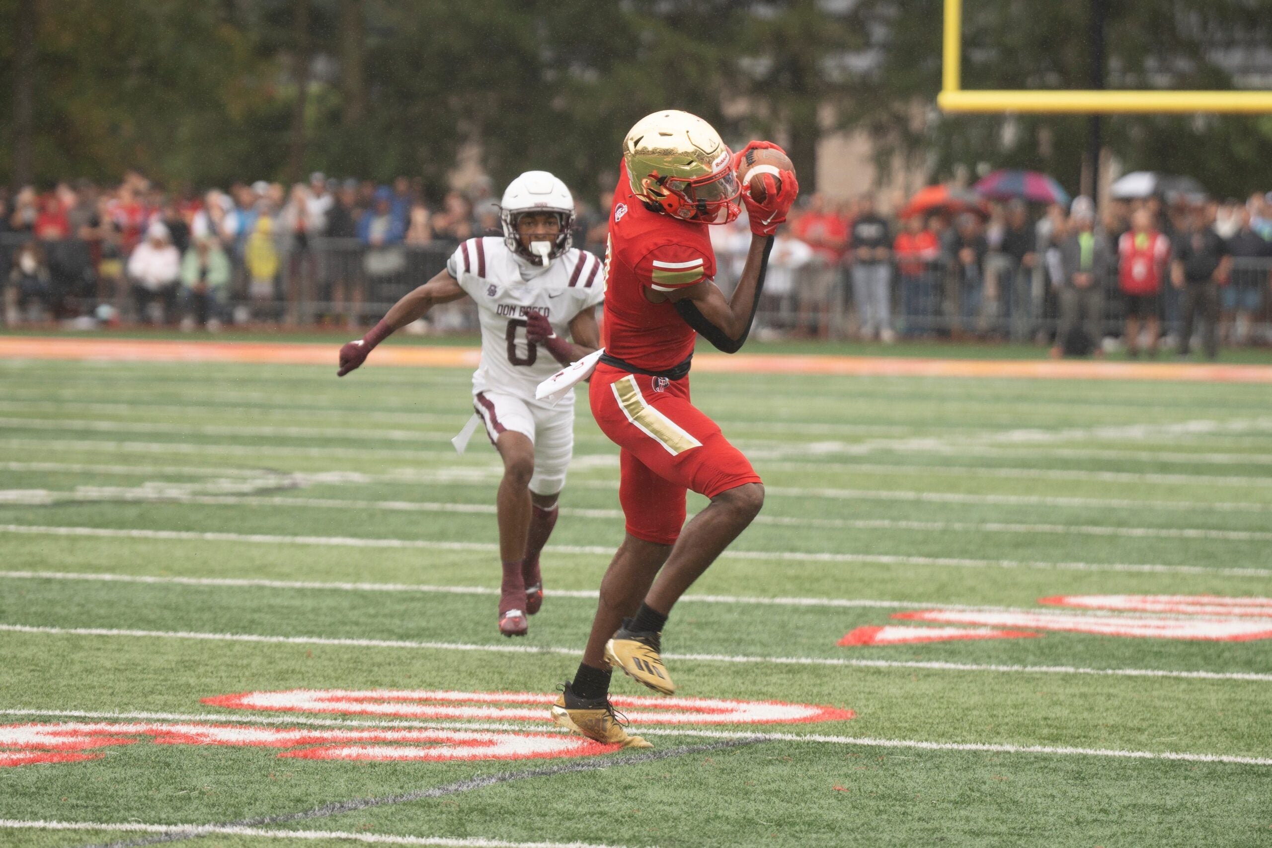 Sep 28, 2024; Oradell, NJ, USA; Don Bosco football at Bergen Catholic. BC #0 Quincy Porter makes a catch.