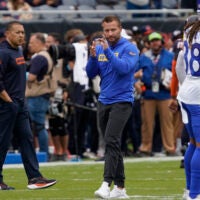 Sep 29, 2024; Chicago, Illinois, USA; Los Angeles Rams head coach Sean McVay on the field before the game against the Chicago Bears at Soldier Field.