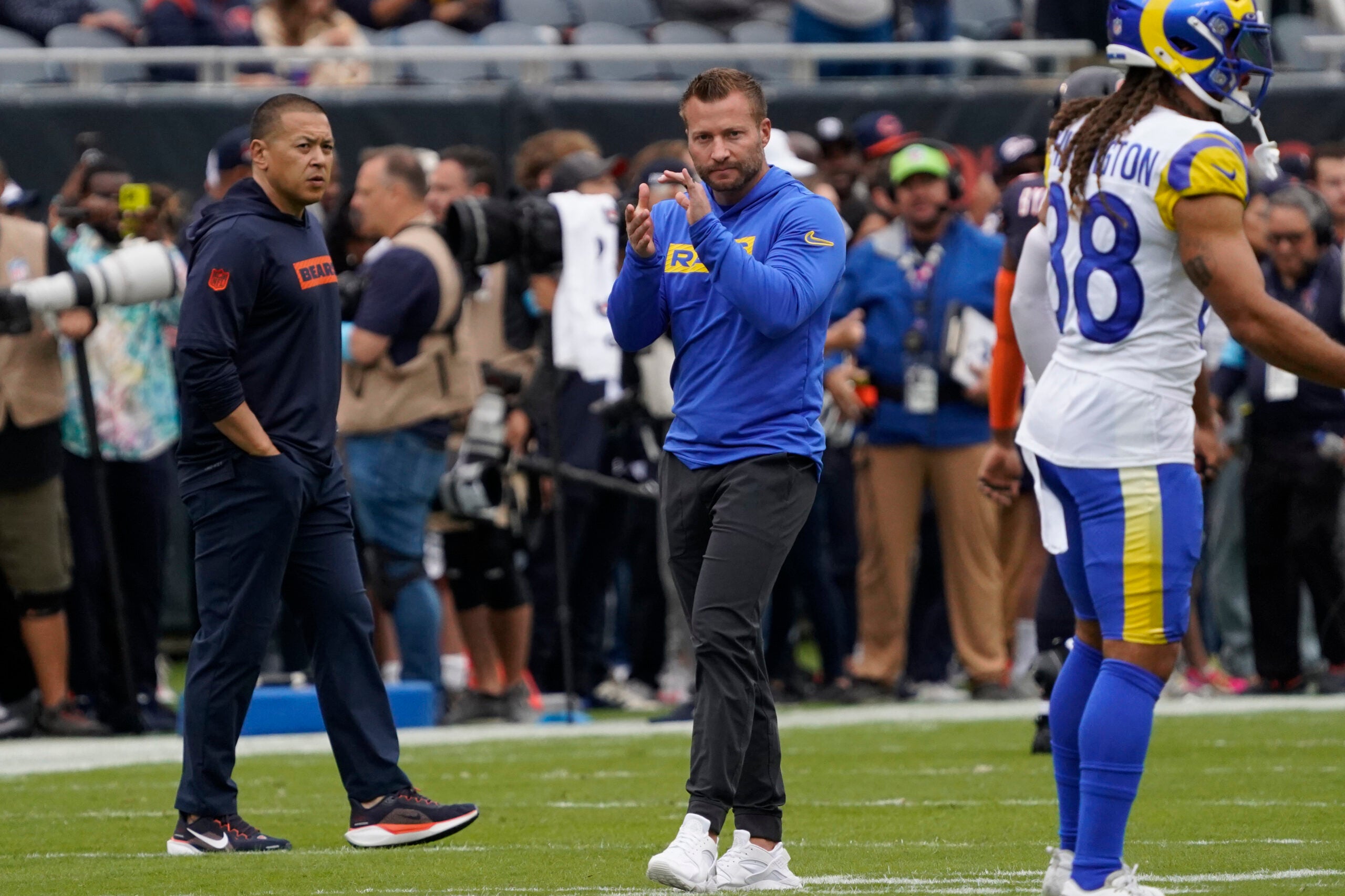 Sep 29, 2024; Chicago, Illinois, USA; Los Angeles Rams head coach Sean McVay on the field before the game against the Chicago Bears at Soldier Field.