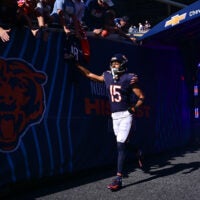 Oct 6, 2024; Chicago, Illinois, USA; Chicago Bears wide receiver Rome Odunze (15) enters the field before the game at Soldier Field.
