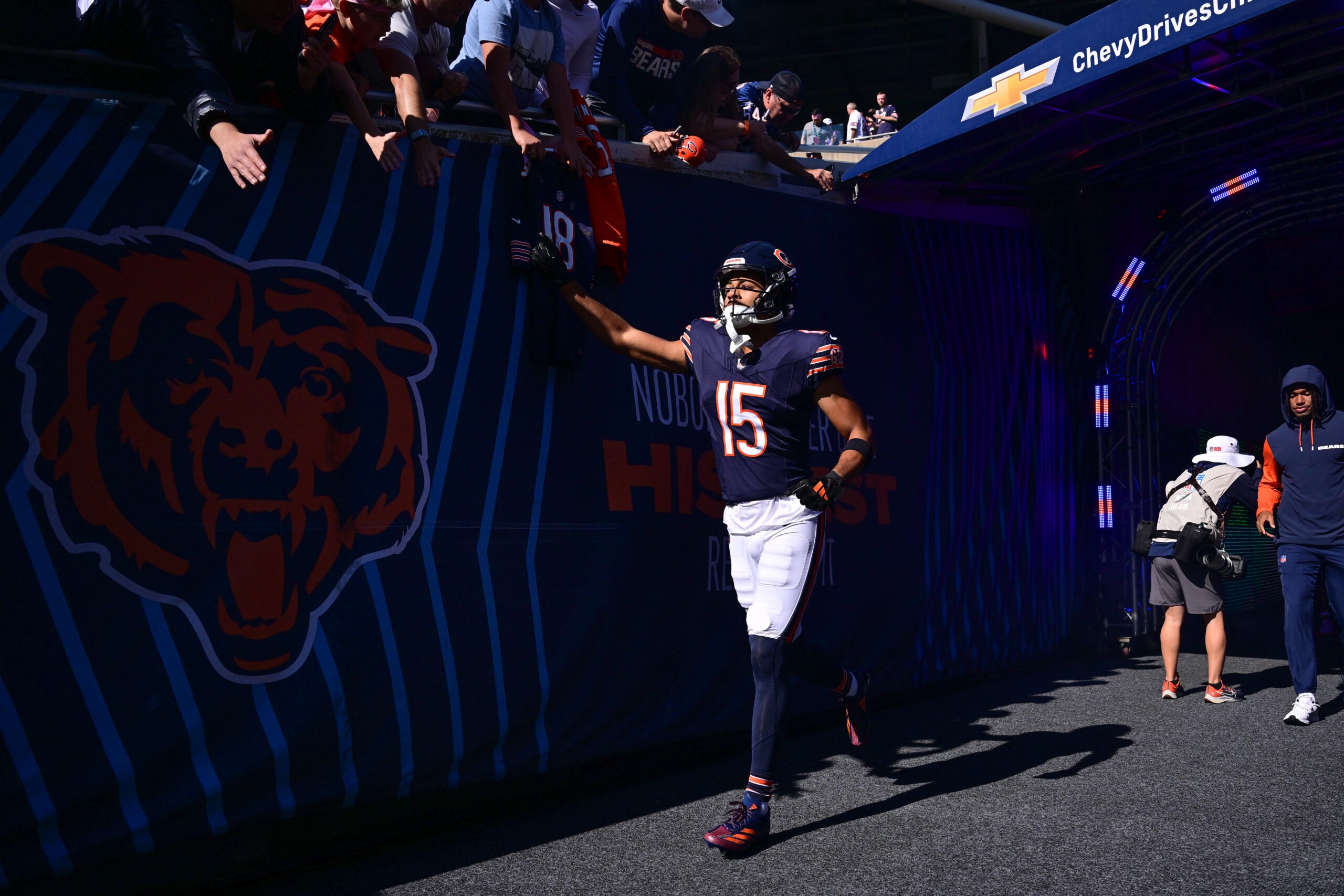 Oct 6, 2024; Chicago, Illinois, USA; Chicago Bears wide receiver Rome Odunze (15) enters the field before the game at Soldier Field.