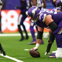 Oct 6, 2024; Tottenham, ENG; Minnesota Vikings Offensive linesman Garrett Bradbury (56) in the 2nd Quarter against New York Jets at Tottenham Hotspur Stadium.