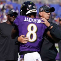 Oct 13, 2024; Baltimore, Maryland, USA; Baltimore Ravens quarterback Lamar Jackson (8) greets offensive coordinator Todd Monken prior to the game against the Washington Commanders at M&T Bank Stadium.
