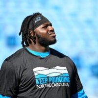 Oct 13, 2024; Charlotte, North Carolina, USA; Carolina Panthers offensive tackle Ikem Ekwonu (79) before the game at Bank of America Stadium.