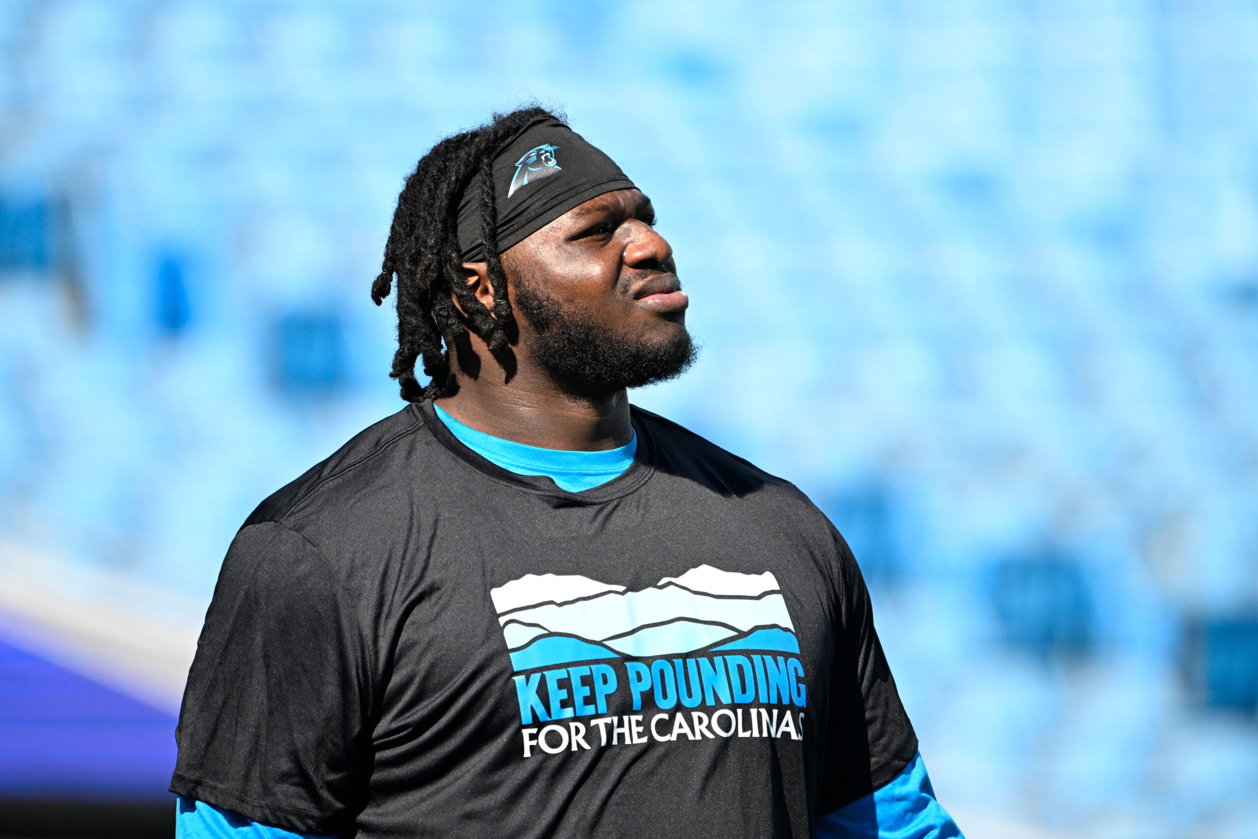 Oct 13, 2024; Charlotte, North Carolina, USA; Carolina Panthers offensive tackle Ikem Ekwonu (79) before the game at Bank of America Stadium.