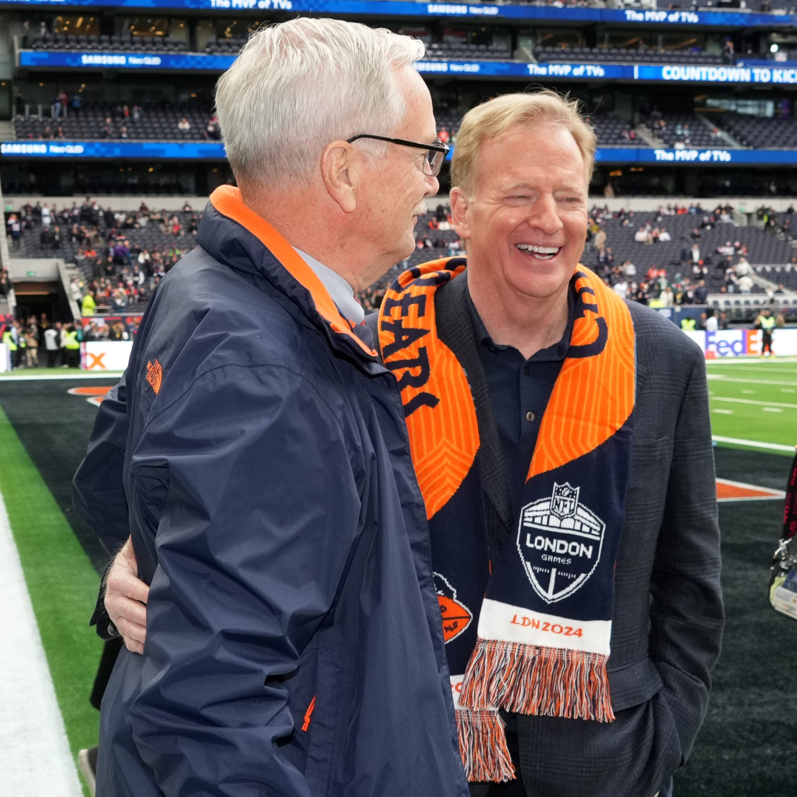 Oct 13, 2024; London, United Kingdom; Chicago Bears chairman George McCaskey. (left) and NFL commissioner Roger Goodell embrace during an NFL International Series game at Tottenham Hotspur Stadium.