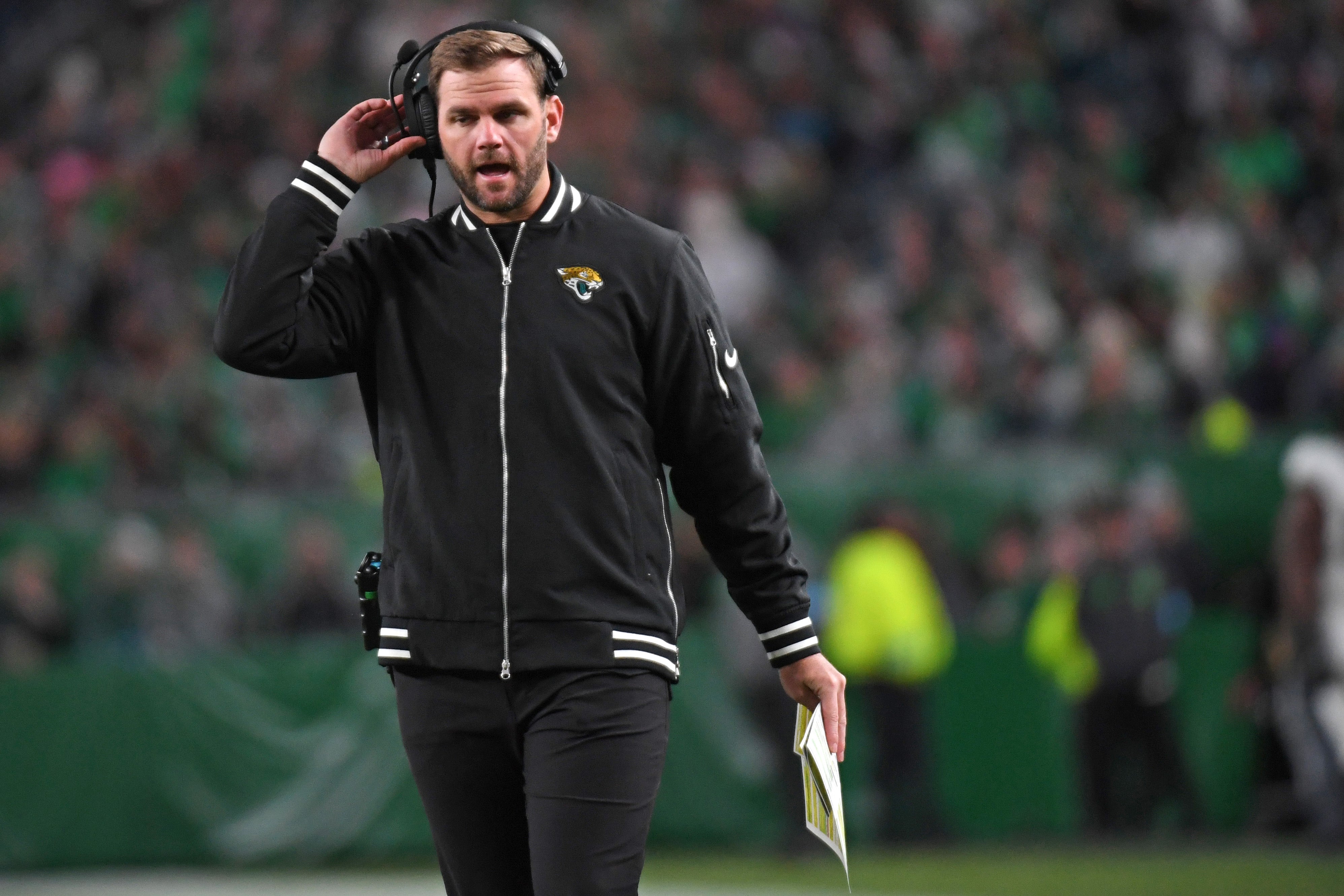 Jaguars offensive coordinator Press Taylor looks at the scoreboard Saturday, August 10, 2024 at EverBank Stadium in Jacksonville, Fla.