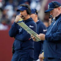 Nov 24, 2024; Landover, Maryland, USA; Dallas Cowboys head coach Mike McCarthy stands on the sidelines against the Washington Commanders at Northwest Stadium.