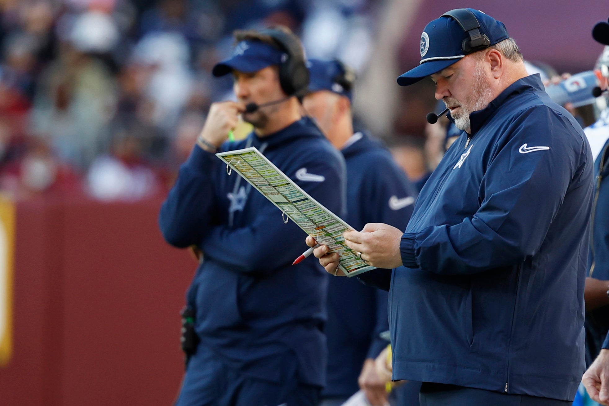Nov 24, 2024; Landover, Maryland, USA; Dallas Cowboys head coach Mike McCarthy stands on the sidelines against the Washington Commanders at Northwest Stadium.