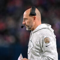 Nov 17, 2024; Orchard Park, New York, USA; Kansas City Chiefs offensive coordinator Matt Nagy on the sidelines in the third quarter against the Buffalo Bills at Highmark Stadium.