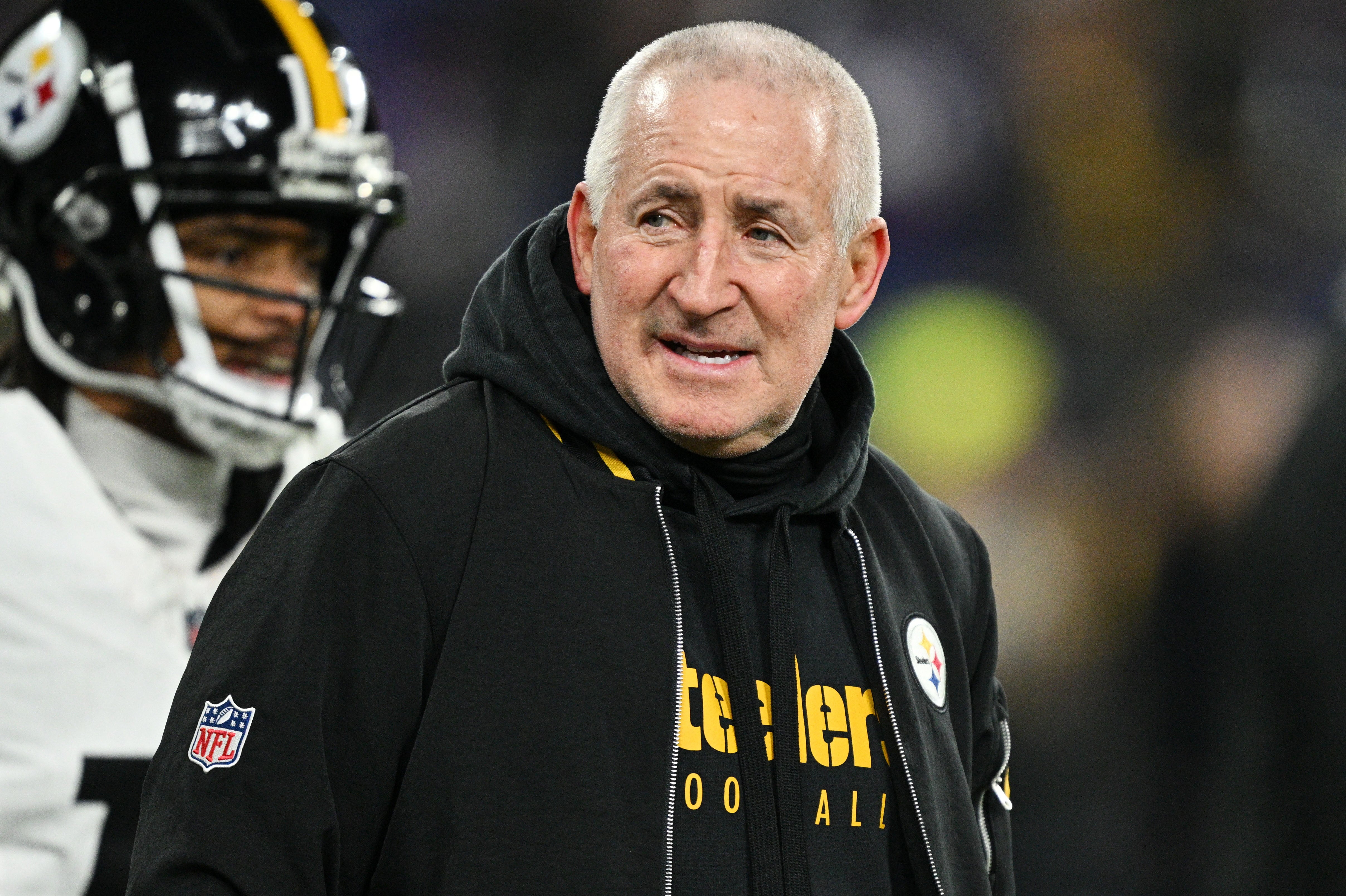 Jan 11, 2025; Baltimore, Maryland, USA; Pittsburgh Steelers special teams coordinator Danny Smith looks on before an AFC wild card game against the Baltimore Ravens at M&T Bank Stadium.