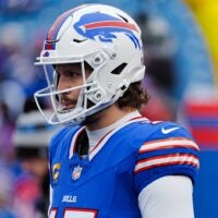 Buffalo Bills quarterback Josh Allen (17) before the Buffalo Bills wild card game against the Denver Broncos at Highmark Stadium in Orchard Park on Jan. 12, 2025.