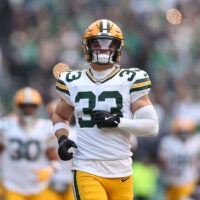 Jan 12, 2025; Philadelphia, Pennsylvania, USA; Green Bay Packers safety Evan Williams (33) before action against the Philadelphia Eagles in an NFC wild card game at Lincoln Financial Field.