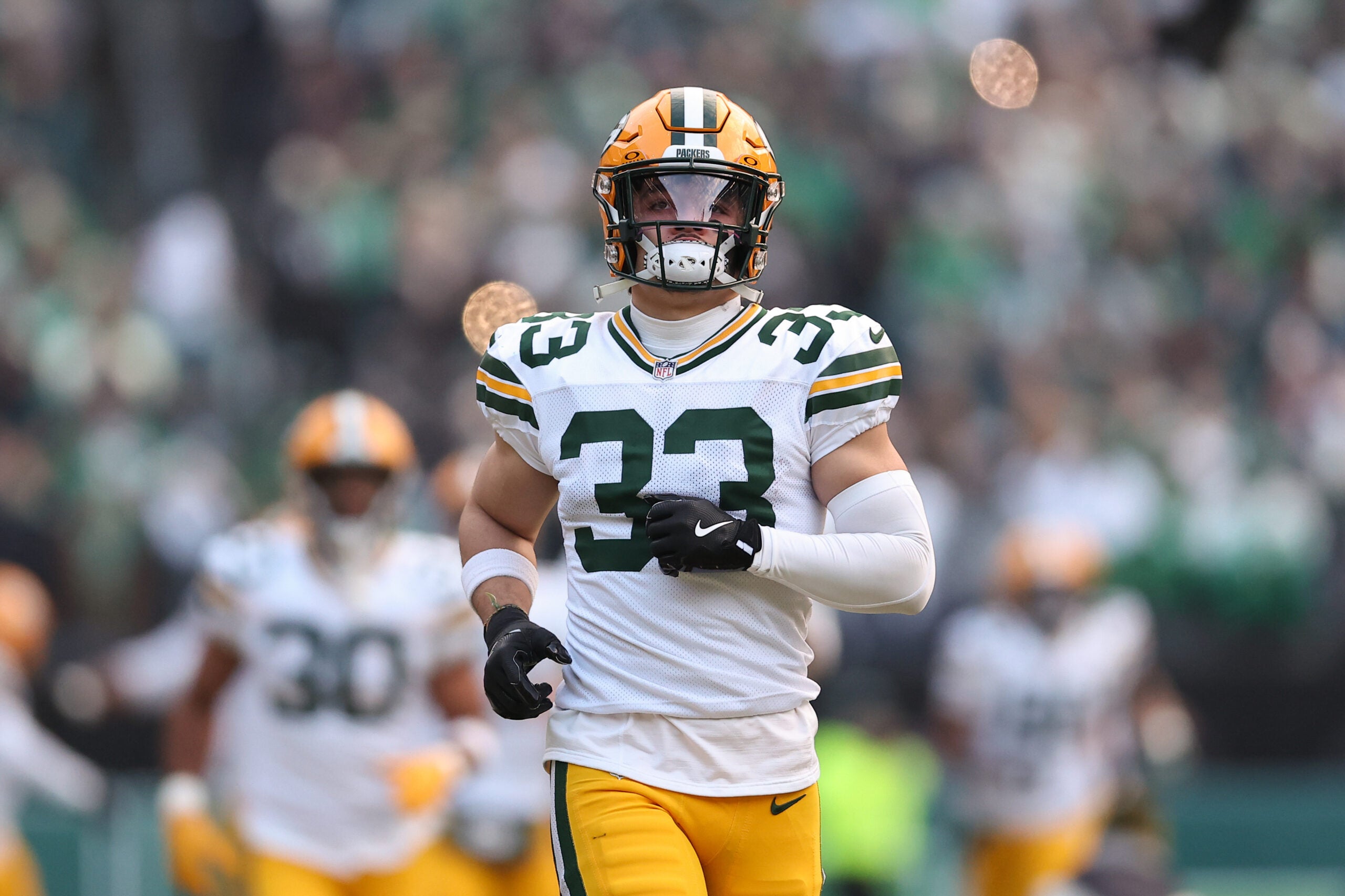 Jan 12, 2025; Philadelphia, Pennsylvania, USA; Green Bay Packers safety Evan Williams (33) before action against the Philadelphia Eagles in an NFC wild card game at Lincoln Financial Field.
