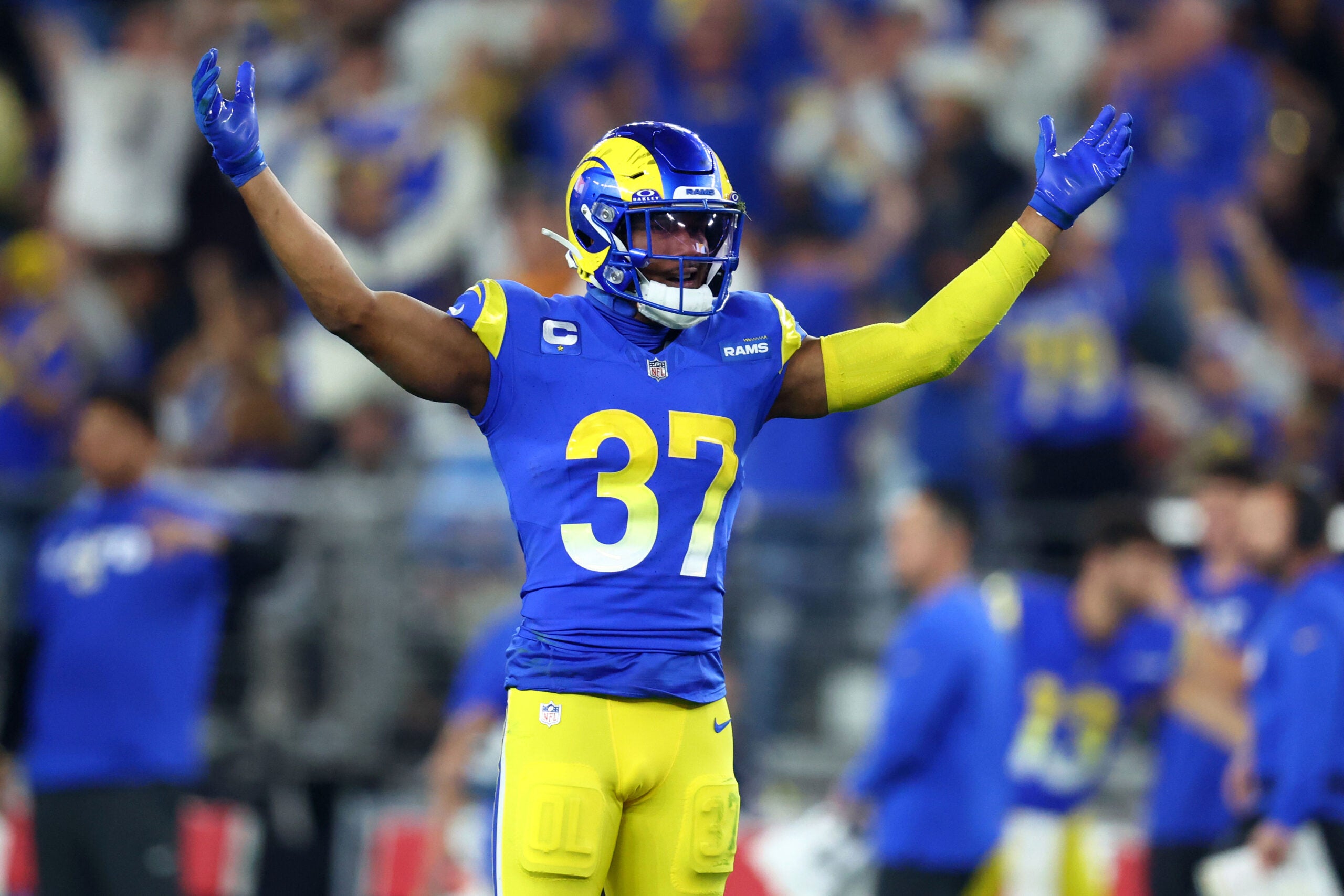 Jan 13, 2025; Glendale, AZ, USA; Los Angeles Rams safety Quentin Lake (37) reacts during the second half against the Minnesota Vikings in an NFC wild card game at State Farm Stadium.